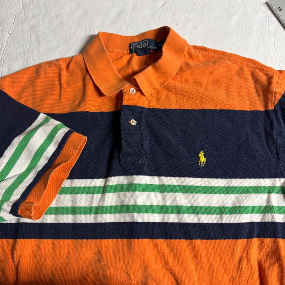 Polo Ralph Lauren Mens XXL Orange Navy Blue Striped Colorblock Pique Polo Shirt